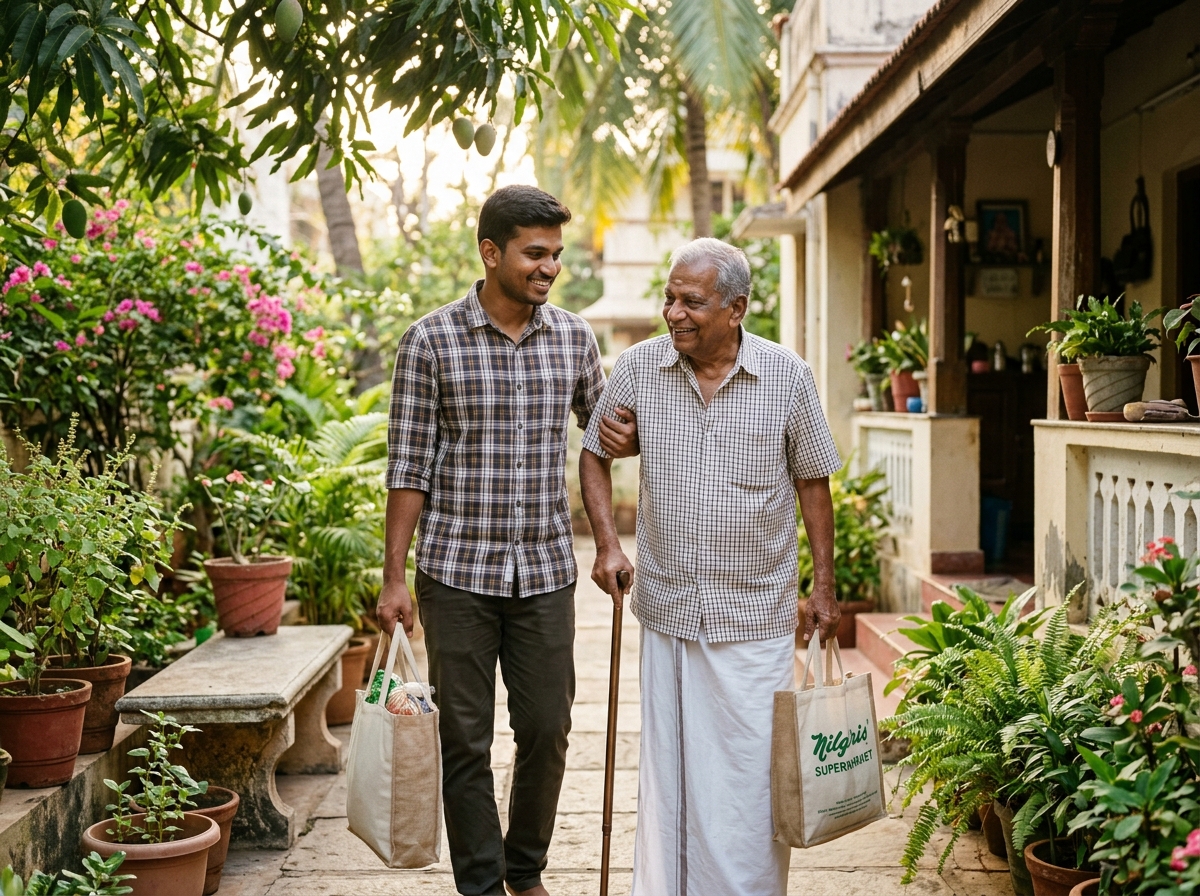 Care companion assisting senior with groceries and travel