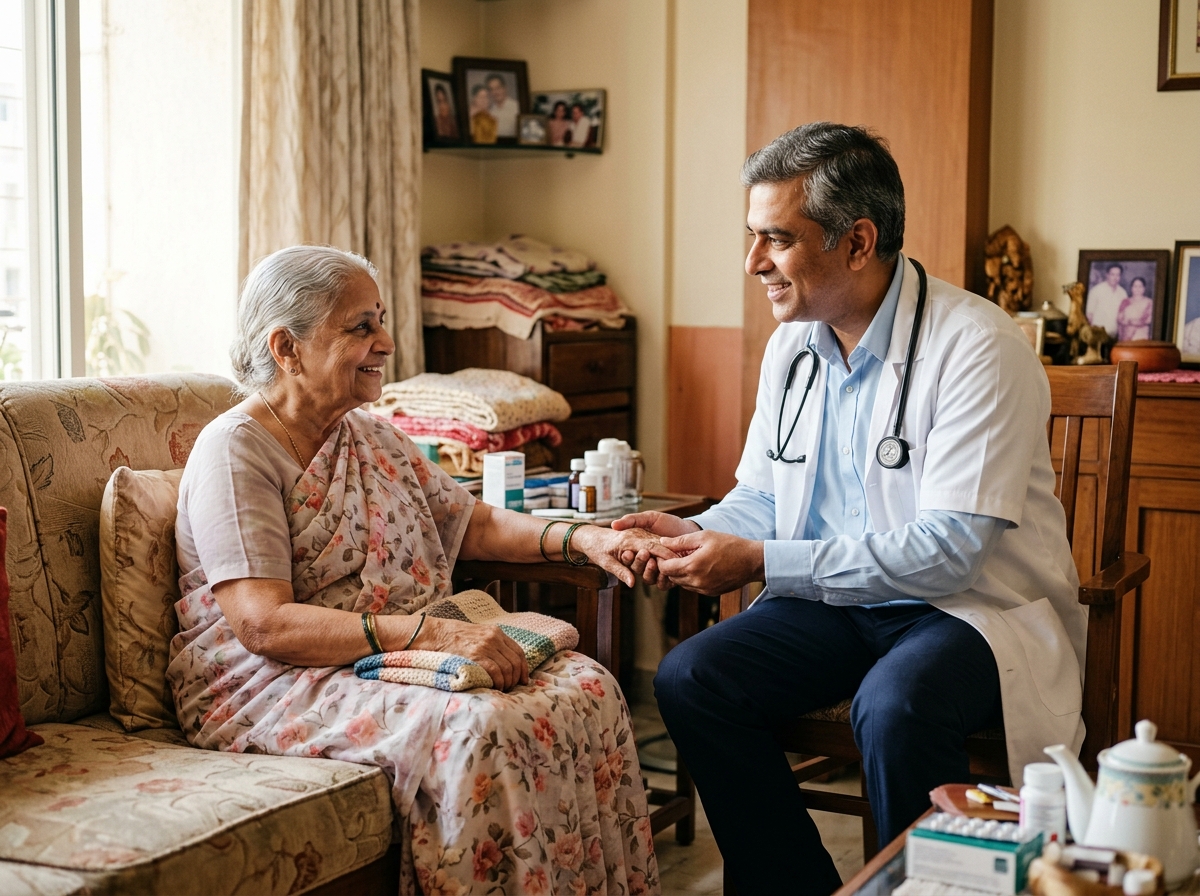 Doctor visiting Indian senior patient at home