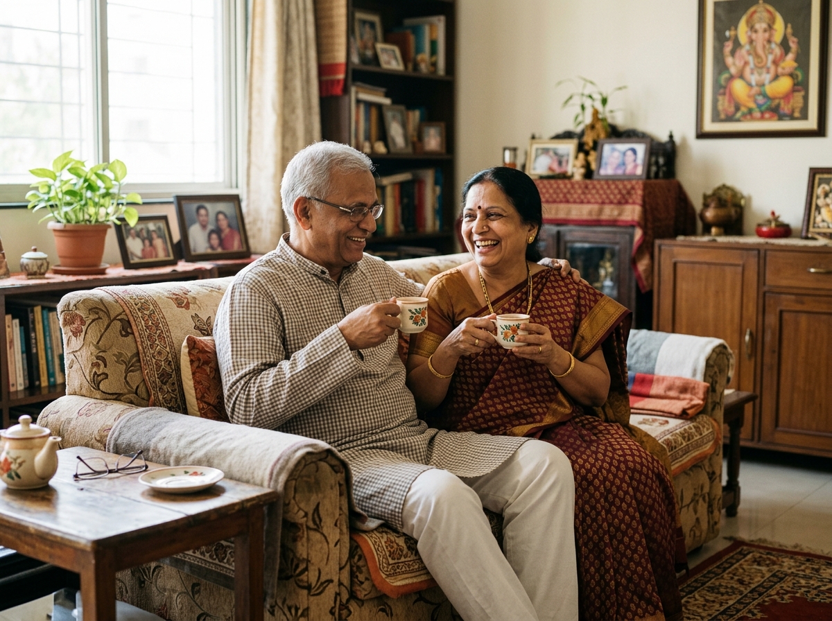 Indian elderly couple happy at home