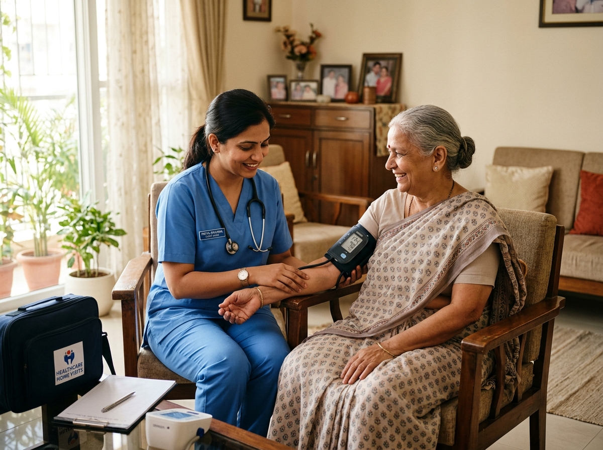 Nurse caring for elderly Indian senior at home